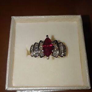 Vintage LGL Hallmarked 14K Yellow Gold Marquise Ruby & Diamond Ring